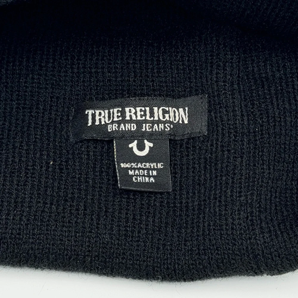 True Religion Crystal Horseshoe Beanie Black Ribbed Knit Acrylic OSFA